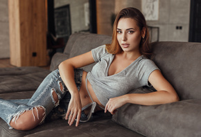 women, couch, belly, torn jeans, portrait, cleavage, brunette