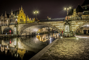 Бельгия, Дома, Мост, Брюгге, Уличные фонари, Ночь, Город Бельгия, Дома, Мост, Брюгге, Уличные фонари, Ночь, Город