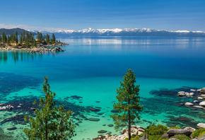 Lake Tahoe, spring, sunny day, blue lake, Sierra Nevada