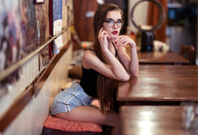women, red lipstick, jean shorts, long hair, women with glasses, sitting, Marco Squassina, table