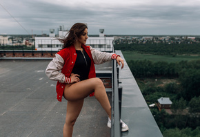 women, rooftops, ass, brunette, sweater, sneakers, looking away, fence, wom ...