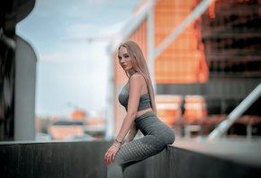 women, sportswear, long hair, women outdoors, red nails, blonde, building, looking at viewer