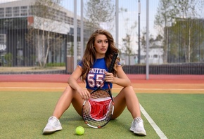 women, sitting, synthetic grass, tennis balls, tennis rackets, sneakers, brunette, miniskirt, red skirt, long hair, women outdoors