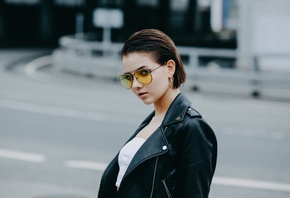 Victoria Sokolova, women, portrait, women outdoors, women with glasses, leather jackets, tank top, short hair