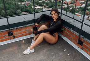women, sitting, brunette, women outdoors, sneakers, fence, rooftops, leotard, bodysuit, bricks, tattoo
