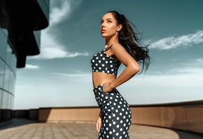 women, portrait, brunette, polka dots, skirt, tank top, looking away, women outdoors, sky, clouds