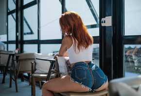 women, redhead, ass, chair, jean shorts, tank top, back, sitting, brunette, ...