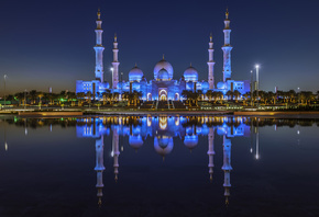 ОАЭ Дома Храмы Abu, Dhabi, Залив, Ночь, Отражение, Город