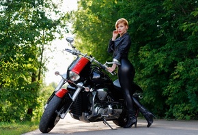 women, red lipstick, black clothing, ass, short hair, women with motorcycle ...