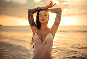 women, long hair, cleavage, boobs, tattoo, sunset, sea, portrait, armpits, brunette