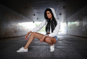 women, brunette, jean shorts, hoods, sweater, black hair, squatting, sneakers, watch, pink nails, straight hair, Calvin Klein, looking away