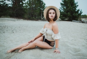 women, sitting, hat, swimwear, necklace, bare shoulders, women outdoors, trees, brunette, watch, sand