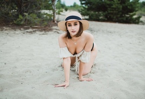 women, hat, brunette, sand, women outdoors, necklace, swimwear, trees, bare shoulders