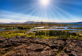 солнце, лучи, пейзаж, горы, природа, камни, долина, Исландия, леса, Левко Ю ...