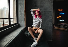 women, Artem Solovev, pink hair, sitting, window, sneakers, black panties, ...