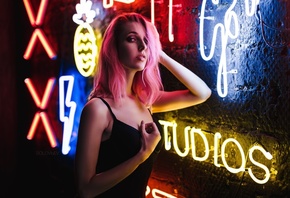 women, Artem Solovev, neon, pink hair, portrait, dyed hair