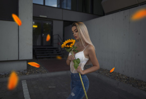 women, jeans, blonde, sunflowers, brunette, portrait, torn jeans