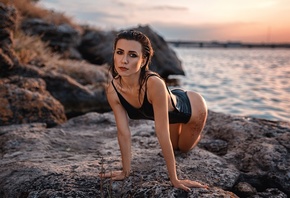 women, one-piece swimsuit, sea, wet hair, wet body, rocks, women outdoors, brunette, tattoo, ass, black swimsuit