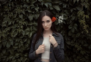 women, portrait, flowers, women outdoors, leaves, gray eyes, long hair, den ...