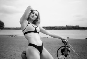 women, monochrome, women with bicycles, armpits, belly, river, swimwear, sky, bicycle, ribs, women outdoors