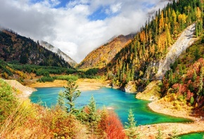 Осень, Горы, Озеро, Китай, Цзючжайгоу, парк, Пейзаж, Sichuan province, Природа