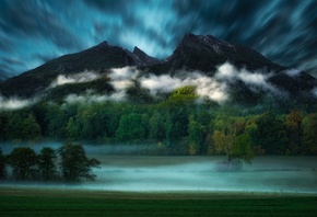 поле, осень, лес, небо, пейзаж, горы, природа, туман, облака