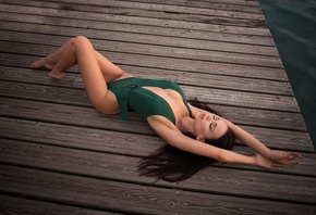 women, Angelina Petrova, closed eyes, pier, cleavage, lying on back, brunet ...