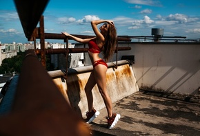 women, sunglasses, rooftops, sneakers, ass, brunette, ribs, red nails, red  ...