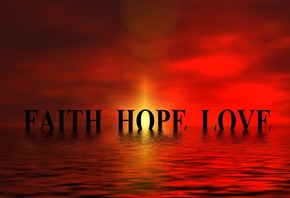 солнце, небо, море, закат, надпись, faith, hope, love, вера, надежда, любовь