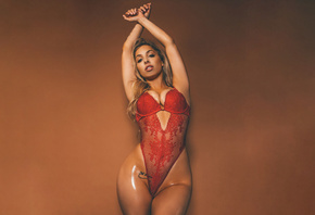 Ashley Denise, model, women, curvy, edited, tattoo, body oil, oiled body, blonde, tanned, wet body, red lingerie, fishnet bodysuit, fishnet lingerie, lingerie, arms up, eames, lip slip