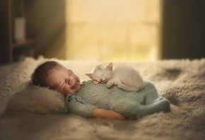 ребёнок, малыш, младенец, котёнок, животное, детёныш, сон, кровать