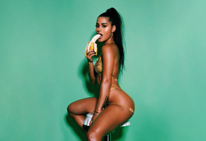 Katya Henry, women, model, brunette, tanned, simple background, bananas, si ...