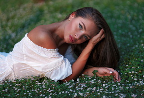 women, eyeliner, Marco Squassina, juicy lips, white nails, bare shoulders, blue eyes, portrait, white dress