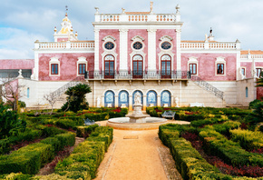 Португалия, Сад, Фонтан, Pousada, Palacio De Estoi Faro, Дворец, Кусты, Город