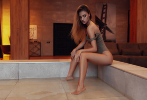 women, sitting, ass, brunette, bare shoulders, long hair, water, one-piece swimsuit