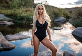 women, blonde, river, women outdoors, one-piece swimsuit, long hair, black swimsuit, necklace, brunette, rocks