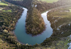 солнце, деревья, река, холмы, поля, Испания, вид сверху, Asturias, Oviedo