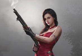 Fantasy Girl I, Red Dress, With Gun