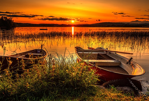 Швеция, природа, пейзаж, озеро, трава, лодки, вечер, закат