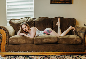 women, couch, ass, pink panties, tank top, tattoo, blinds, closed eyes