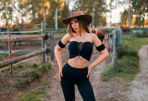 women, hat, bare shoulders, leggings, belly, women outdoors, trees, portrait, painted nails, horse, brunette, hands on hips, red lipstick, black clothing