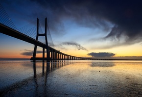 Вечер, Мост, Португалия, Vasco da Gama bridge, Lisbon, Город