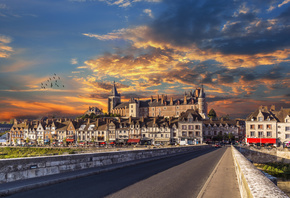 Замок, ГиеньЖьен, Франция, дорога, закат, архитектура, город