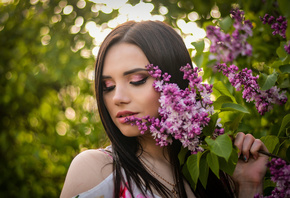 women, portrait, dress, bare shoulders, straight hair, women outdoors, necklace, pink lipstick