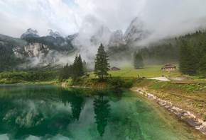 облака, пейзаж, горы, природа, туман, Австрия, леса, озеро, Gosausee