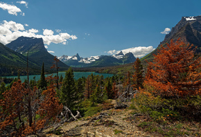 Озеро, Осень, Пейзаж, Saint Mary Glacier NP, Ель, Природа