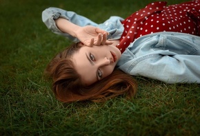 women, grass, denim, women outdoors, red dress, polka dots, portrait