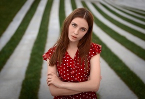 women, portrait, women outdoors, red dress, polka dots, arms crossed, grass