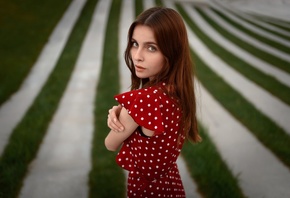 women, portrait, red dress, polka dots, women outdoors, grass