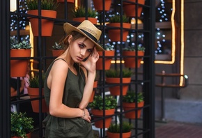 women, hat, portrait, women outdoors, make up, pink lipstick, plants